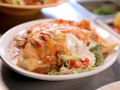 The Shredded Chicken Sopapilla as served at Ranchos Plaza Grill in Taos, New Mexico, as seen on Diners, Drive-Ins and Dives, season 36.