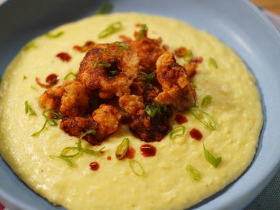 Crispy Nashville Hot Popcorn Shrimp and Cheesy Grits Beauty, as seen on The Kitchen, Season 32.