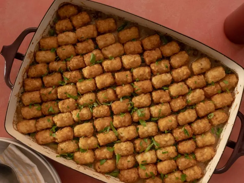 Beauty shot of Molly Yeh's Classic Tater Tot Hotdish as seen on Girl Meets Farm, Season 11.