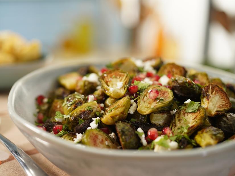 Roasted Brussels Sprouts with Feta, Pomegranate, and Cilantro Beauty, as seen on The Kitchen, Season 32.
