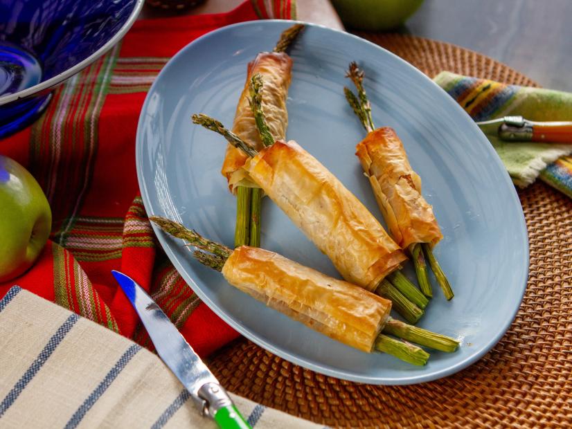 Jet Tila’s Prosciutto Wrapped Asparagus in Crispy Phyllo, as seen on Guy's Ranch Kitchen Season 6.