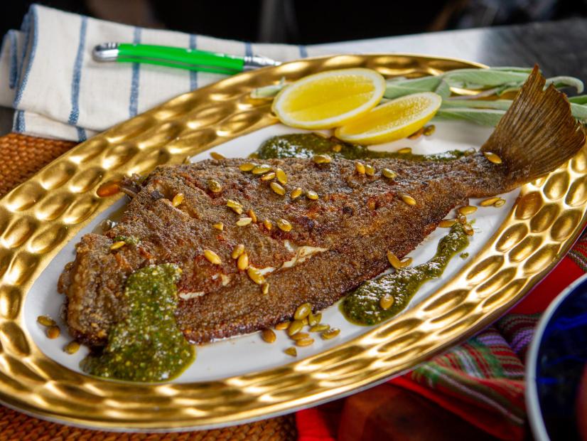 Michael Voltaggio’s Sole Meunière with Sage Brown Butter and Pumpkin Seeds, as seen on Guy's Ranch Kitchen Season 6.