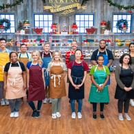 Contestants Aaron Davis, Harshal Naik, Bill Makin, Dru Tevis, Antoine Hopkins, Sumera Syed, Christine Herelle-Lewis, RaChelle Hubsmith, Kristen Weidlein, Jessica Wang Zakiya Newton, Aishia Martinez, portrait, as seen on Holiday Baking Championship, Season 9.