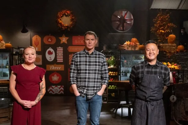 Host Bobby Flay and Contender’s Tiffani Faison and Jet Tila, as seen on Beat Bobby Flay Nightmare Before Christmas, Season 1