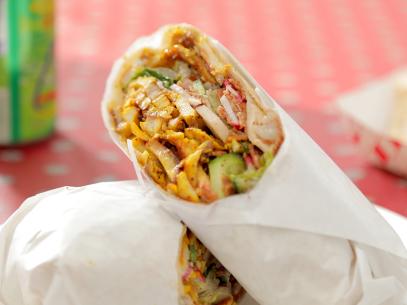 The Fattoush Chicken Shawarma Wrap as served at Shawarma Guys food truck in San Diego, California, as seen on Diners, Drive-Ins and Dives, season 36.