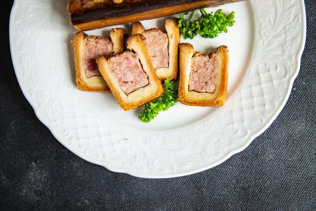 meat pate croute dough pork or beef, chicken french food fresh meal food snack on the table copy space