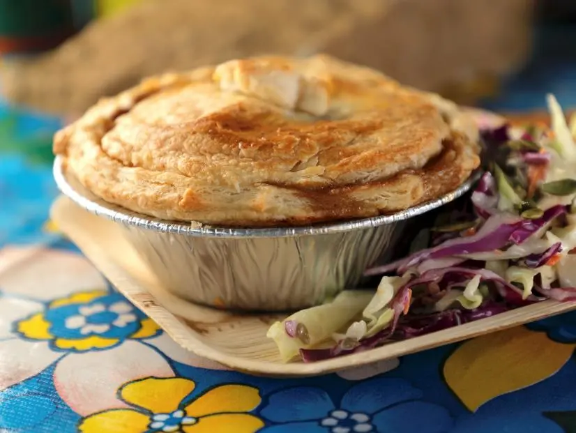 The Kiwi Mince and Cheese Pie as served at Aly's Taos Eats in Taos, New Mexico, as seen on Food Network's Diners, Drive-Ins and Dives, season 36.