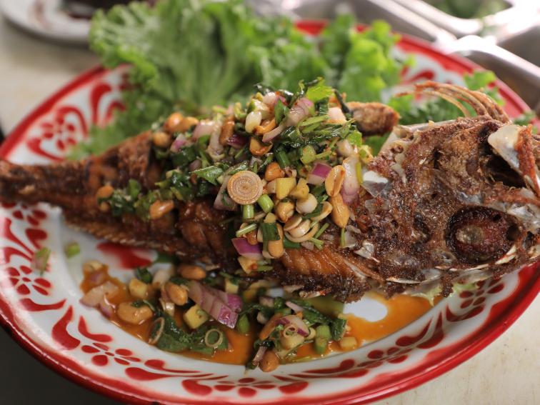 Whole Fried Local Rockfish with Spicy Herb Salad Recipe Food Network
