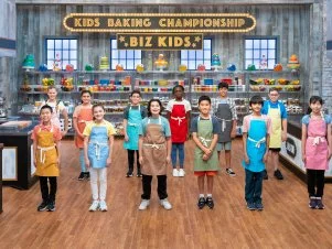 Contestants Jason, Peyton, Logan, Toby, Sohan, Naho, Foster, Genevieve, Ozan, Alissa, Naiel, and Nash, as seen on Kids Baking Championship, Season 11.