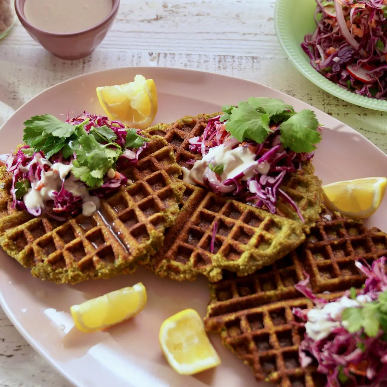 Falafel Waffles with Creamy Lemon Yogurt Slaw-image