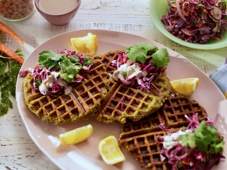 Beauty Shot of Molly Yeh's Falafel Waffles, as seen on Girl Meets Farm, season 12.