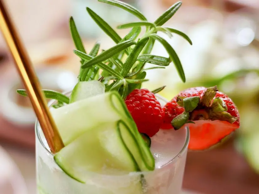 Beauty Shot of Molly Yeh's Peachy Basil Marzipan Soda, as seen on Girl Meets Farm, season 12.