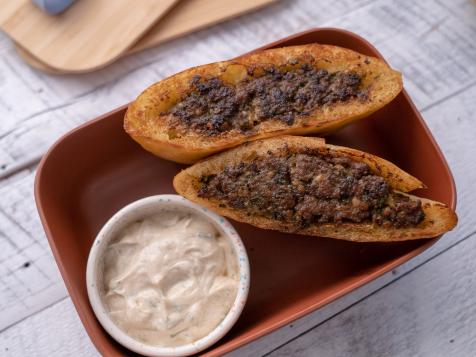 Arayes (Meat Stuffed Pitas with Yogurty Tahini Sauce)