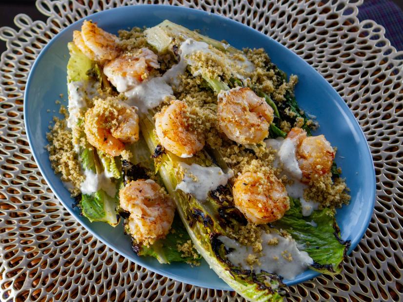 Christian Petroni’s Grilled Romaine with Bagna Cauda and Spicy Prawns, as seen on Guy's Ranch Kitchen Season 6.