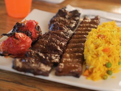 The Soltani Kabob as served at Chickpeas Mediterranean Café in Las Vegas, Nevada, as seen on Food Network's Diners, Drive-Ins and Dives; season 36.
