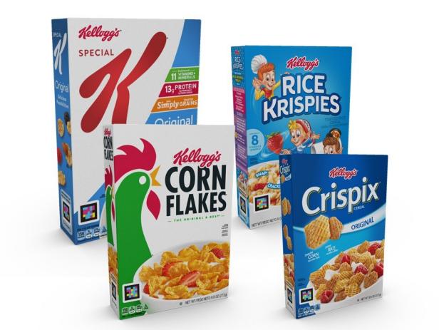 NaviLens-equipped boxes of Kellogg’s Corn Flakes®, Special K Original®, Rice Krispies®, and Crispix®