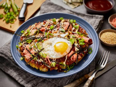 Okonomiyaki-Inspired Pancakes with Crispy Fried Eggs