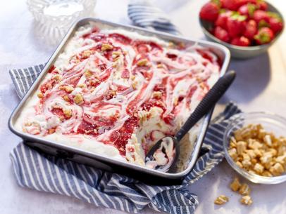 Close-up of Strawberry Cheese Cake Ice Cream, as seen on Mary Makes It Easy, Season 2.