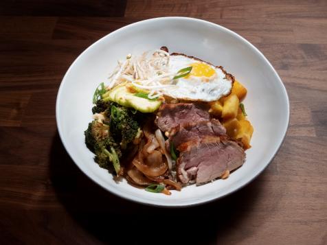 Marinated Pork Tenderloin Rice Bowl with Broccoli, Quick Cucumber Pickles and Pineapple