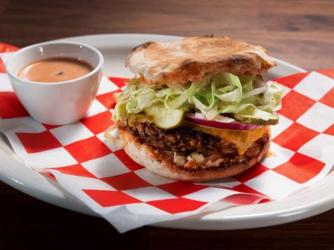 Mushroom and Black Bean Burger with American Cheese, Lettuce, Onion and Pickles