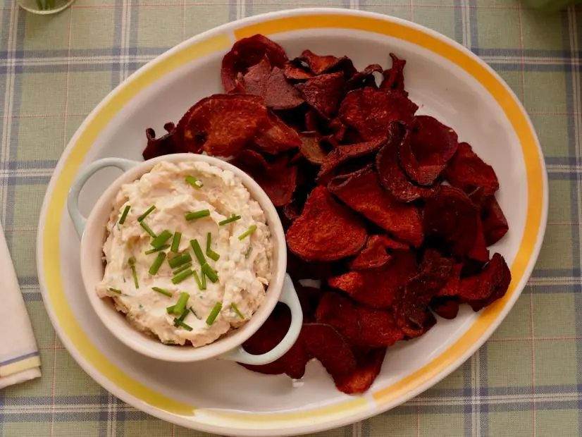 Beauty shot of Molly Yeh's Beet Chips with Frech Onion Yogurt, as seen on Girl Meets Farm Season 12.