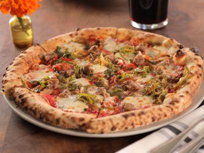 House Pork Sausage Pizza as served at Bettina Pizzeria in Santa Barbara, CA, as seen on Diners, Drive-Ins and Dives: season 36.