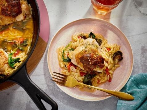 Garlicky Breadcrumb Chicken Thighs with Orzo and Greens