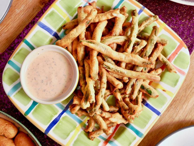 Beauty shot of Molly Yeh's Fried Green Beans with Spicy Ranch Mayo, as seen on Girl Meets Farm Season 12.