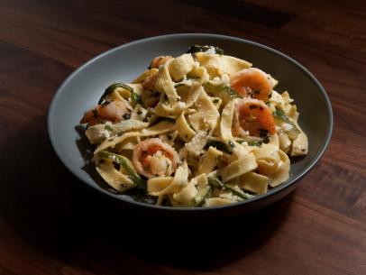 Anne Burrell’s Herb-Laminated Pasta with Shrimp and Zucchini is displayed, as seen on Worst Cooks in America, Season 25.