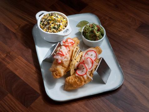 Fried Fish Tacos with Grilled Corn Elote Salsa, Guacamole and Quick Pickled Radish and Onions