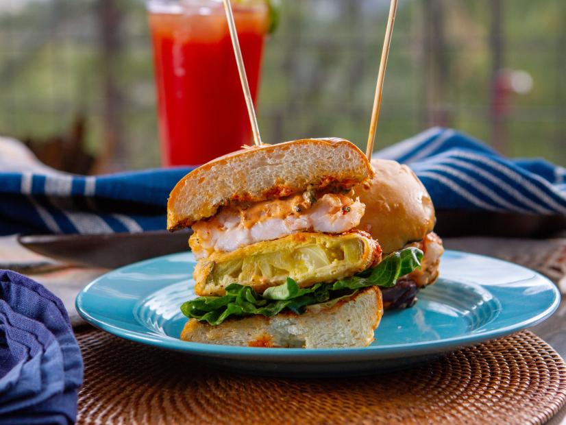 Rocco DiSpirito’s Grilled Shrimp Burger with Fried Green Tomato, as seen on Guy's Ranch Kitchen Season 6.