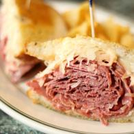 Traditional Reuben sandwich at a deli.