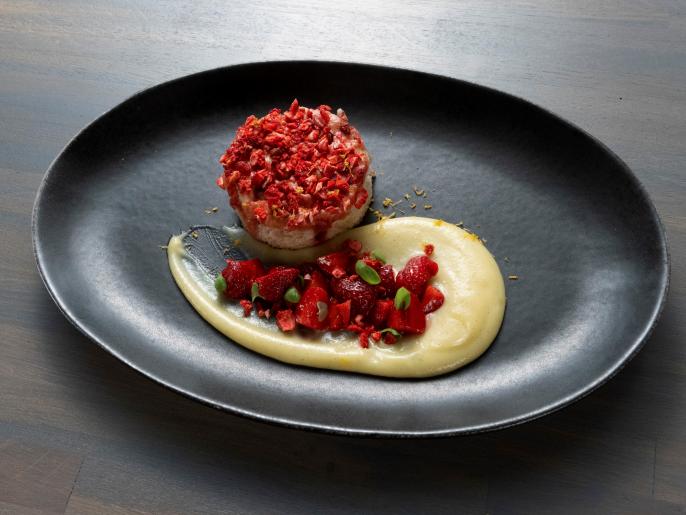 Rhubarb Cake with Pastry Cream and Macerated Local Strawberries Recipe