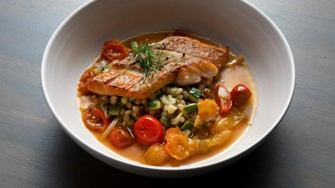 Seared Red Snapper with a Burst Cherry Tomato Sauce with Fregola