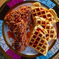 Aaron May’s Fried Chicken and Cornbread Waffles with Maple Hot Sauce, as seen on Guy’s Ranch Kitchen Season 6.