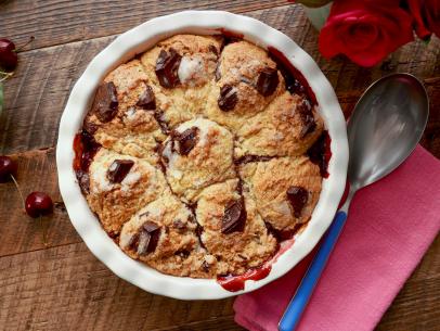 Beauty shot of Molly Yeh's Chocolate Chip Cherry Cobbler, as seen on Girl Meets Farm Season 12.