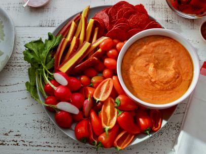 Beauty shot of Molly Yeh's Roasted Red Pepper White Bean Dip, as seen on Girl Meets Farm Season 12.