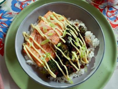 Beauty shot of Molly Yeh's Salmon Rice Bowls with Crisp Roasted Broccoli, as seen on Girl Meets Farm Season 12.