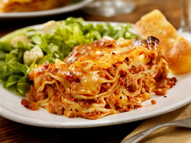 Authentic Italian Meat Lasagna with Ceaser Salad and Foccacia Bread  -Photographed on Hasselblad H3D2-39mb Camera