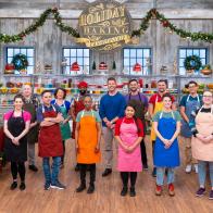 Contestants Justine Rota, Kevin Conniff, Javier Trujillo, Ashley Landerman, Sharrod Mangum, Jennifer Carey, Host Jesse Palmer, Thoa Nguyen, Joshua Juarez, Greg Ballenger, Alex Winnen, Bert Alvarez and Alison Kenis, portrait, as seen on Holiday Baking Championship, Season 10.