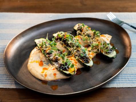 Grilled Zucchini with Caramelized Onions, Portobellos and Lemon Aioli