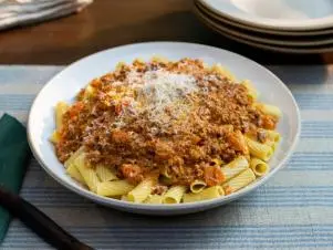 Host Franco Noriega's Rigatoni Bolognese dish, as seen on Hot Dish with Franco, Season 1.