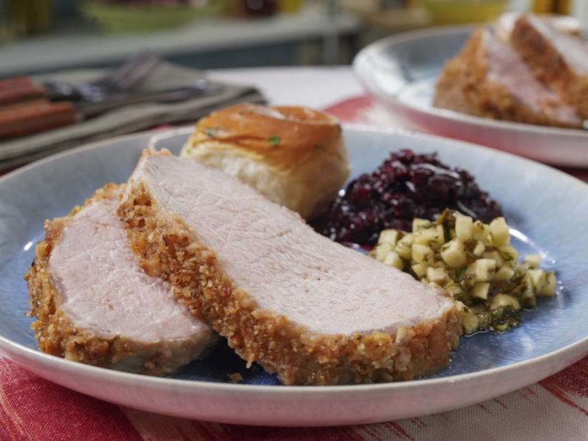 Sunny Anderson's Easy Roasted Pork Loin with Jalapeño Apple Chutney and Cherry Relish, as seen on The Kitchen, Season 35.