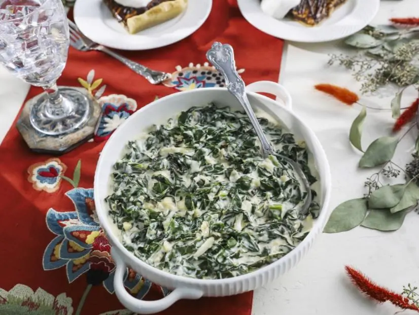 Kardea Brown's Cream of Collards and Georgia Peanut and Chocolate Slab Pie with Salted Whipped Cream.
