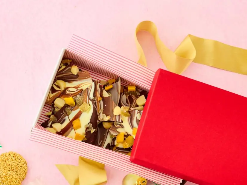 Strawberry Jellies\, Lime Macaroons\, Sesame Seed Candies\, and Swirled Tropical Bark.