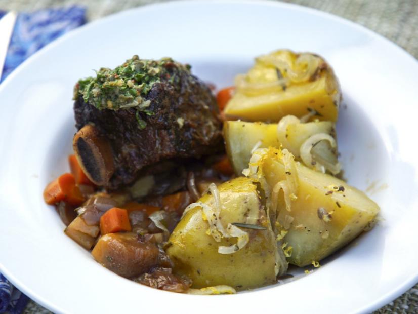 Porter Braised Beef Short Rib with Salsa Verde and Wheat Beer Braised Potatoes, as seen on Food Network's Symon's Dinners Cooking Out, Season 5.
