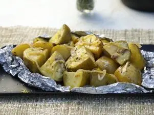 Wheat Beer Braised Potatoes, as seen on Food Network's Symon's Dinners Cooking Out, Season 5.
