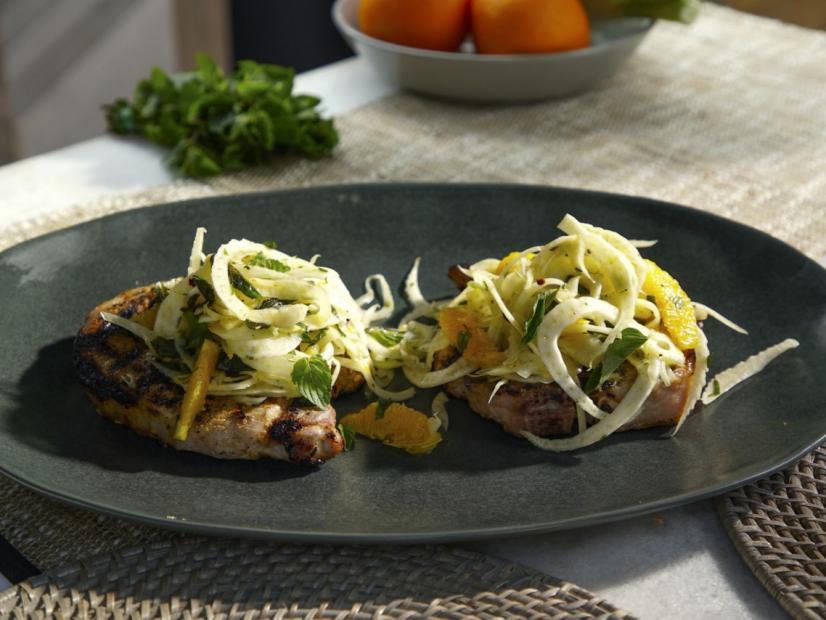 Fennel Crusted Pork Porterhouse with Citrus Salad, as seen on Food Network's Symon's Dinners Cooking Out, Season 5.