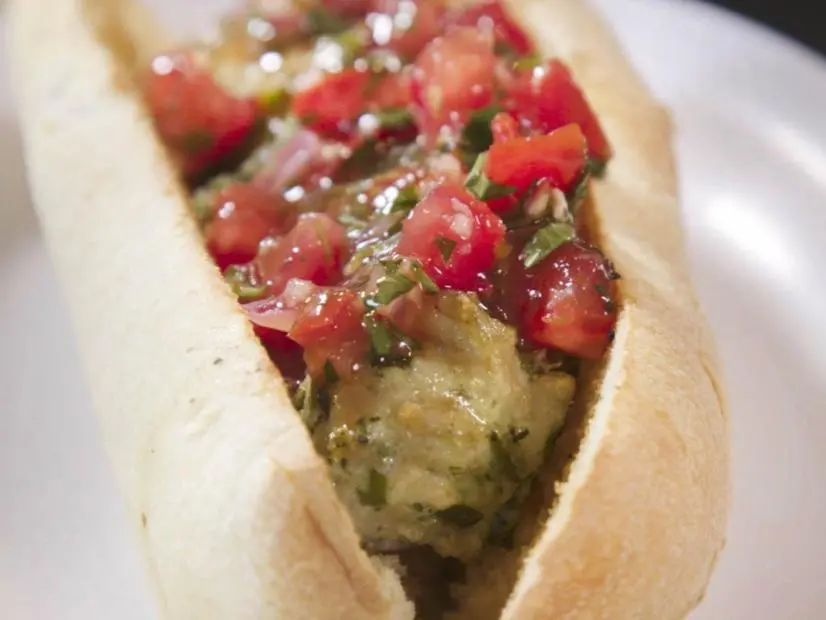 Spicy Thai Dog prepped by co-owner and chef Tad Frank at The Hotdogger in Davis, California, as seen on Food Network's Best Bite In Town, Season 1, Episode 1