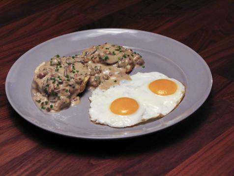 Eggs and Biscuits with Breakfast Sausage, Sage and Mushroom Gravy